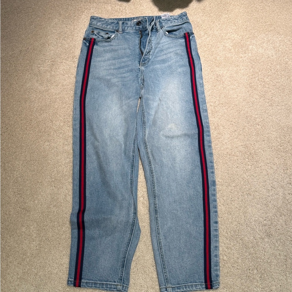 Stylish Blue Flare Jeans with Red Stripe